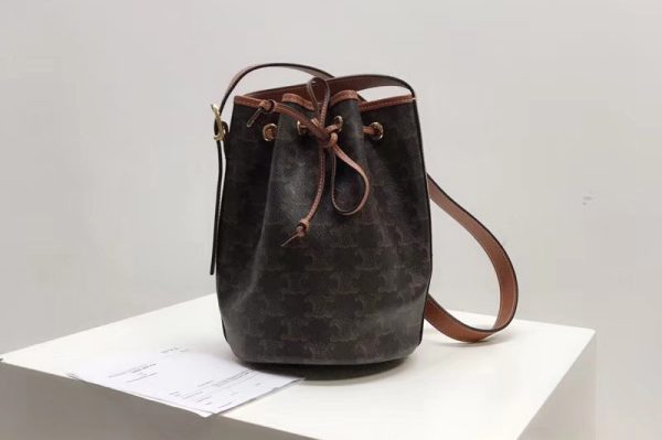 Replica Celine 191142 SMALL DRAWSTRING BAG IN TRIOMPHE CANVAS With Tan Leather